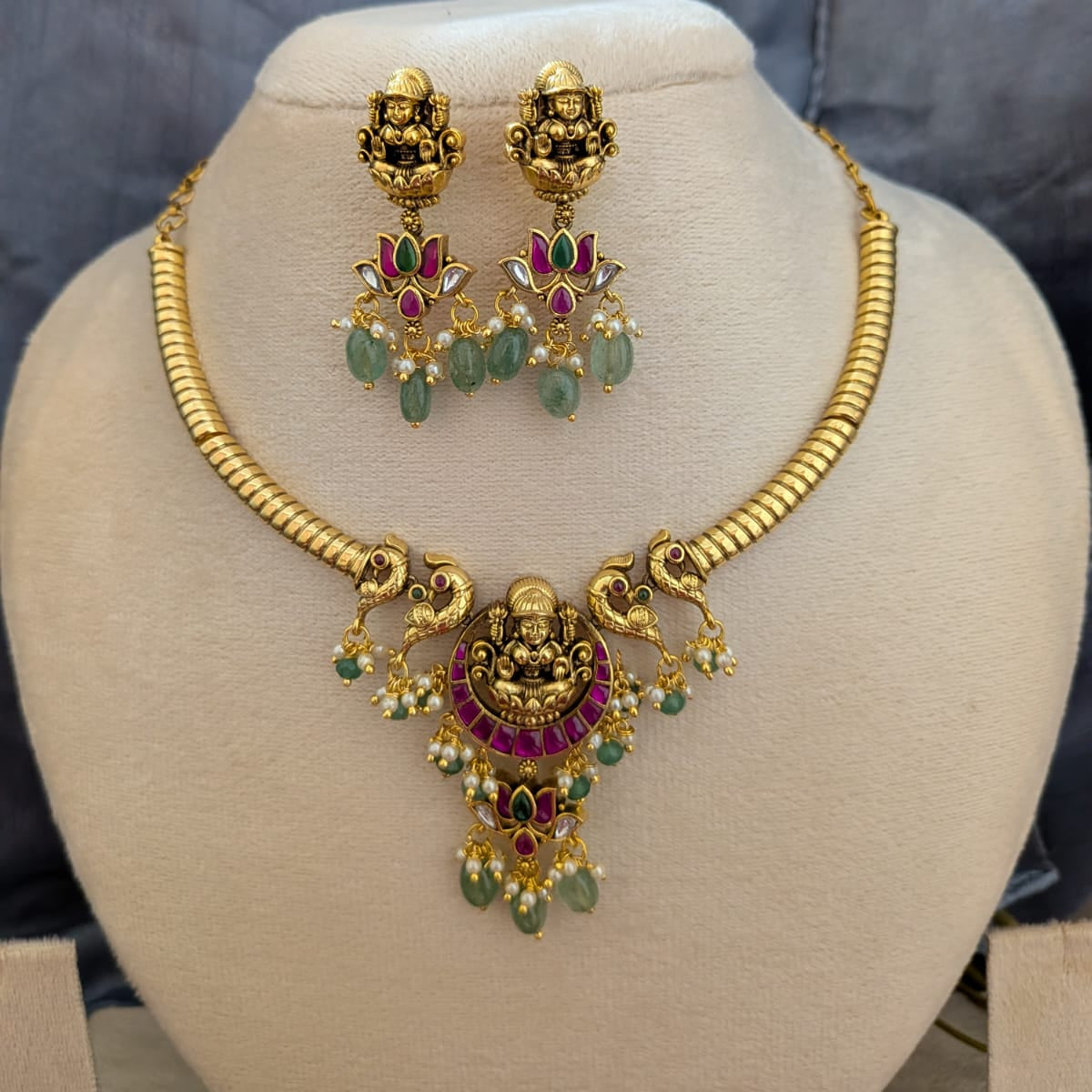 Lakshmi with lotus jadau kundan ruby stone green drob hasli Necklace