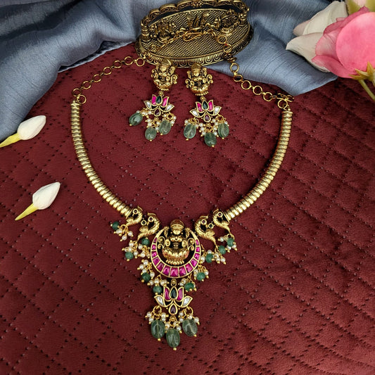 Lakshmi with lotus jadau kundan ruby stone green drob hasli Necklace