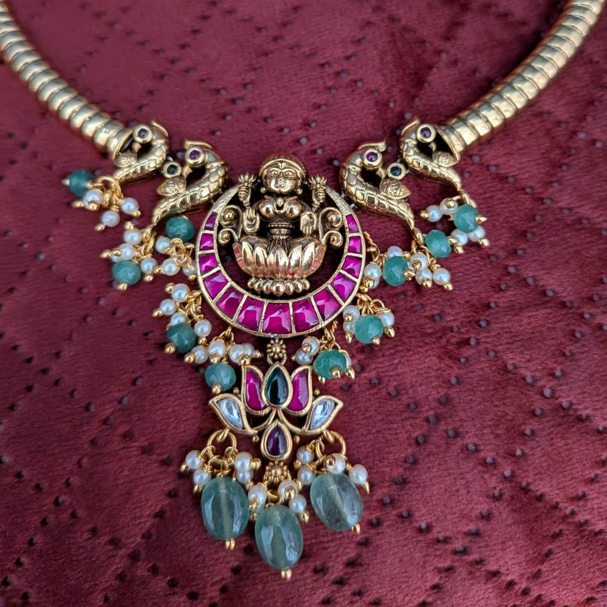 Lakshmi with lotus jadau kundan ruby stone green drob hasli Necklace