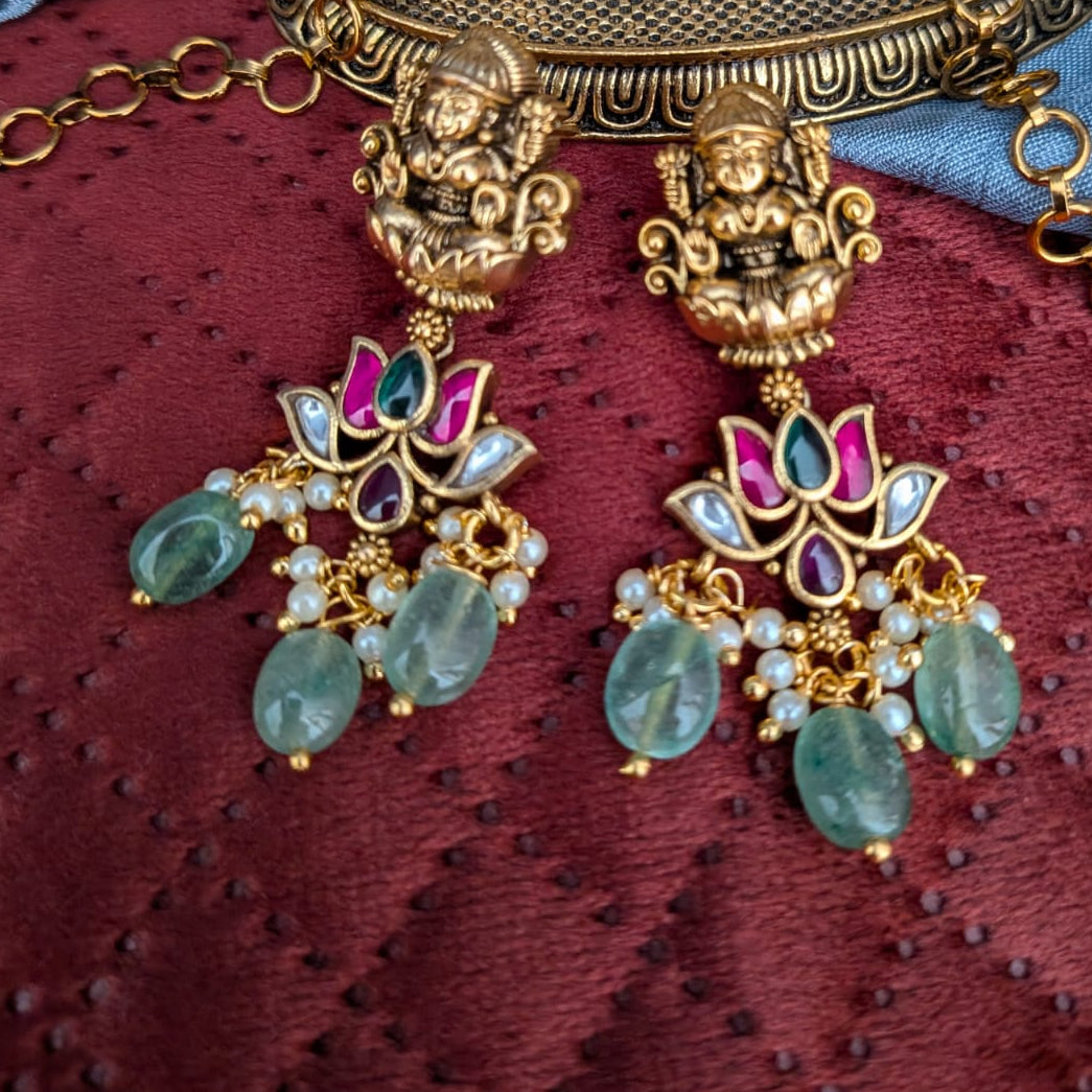 Lakshmi with lotus jadau kundan ruby stone green drob hasli Necklace