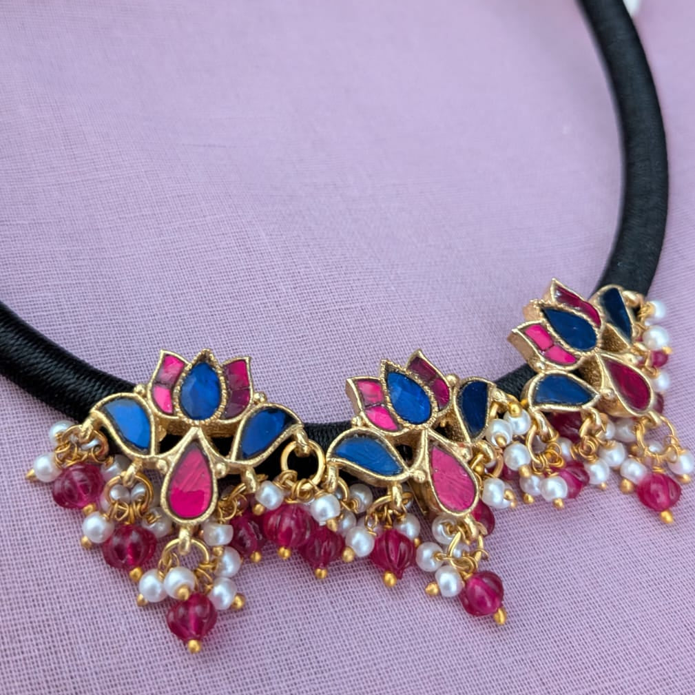 Jadau kundan 3 Lotus blue with ruby stone Pendant back rope hasli