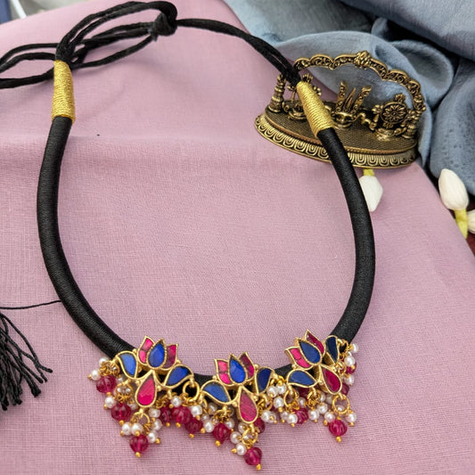 Jadau kundan 3 Lotus blue with ruby stone Pendant back rope hasli