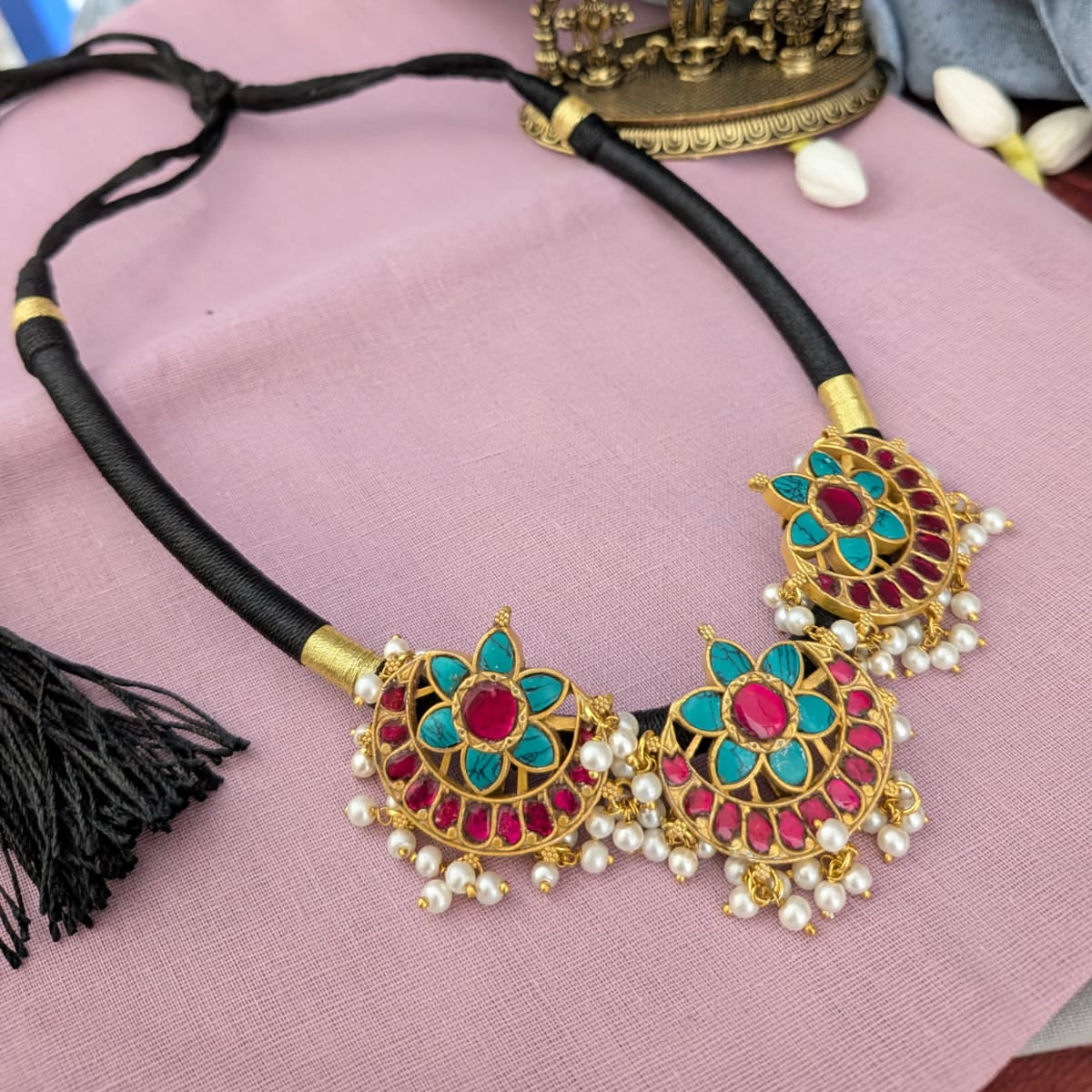 Jadau kundan 3 aqua blue with ruby stone Pendant back rope hasli