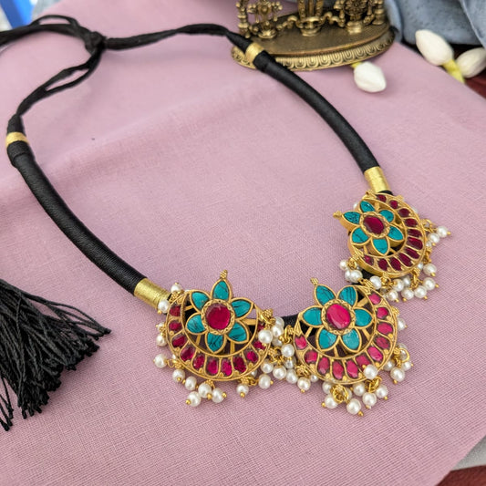 Jadau kundan 3 aqua blue with ruby stone Pendant back rope hasli