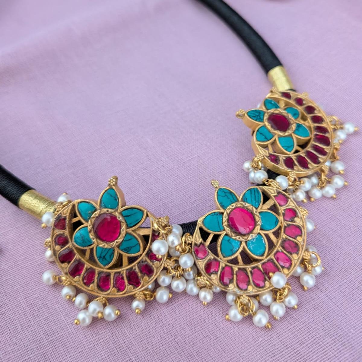 Jadau kundan 3 aqua blue with ruby stone Pendant back rope hasli