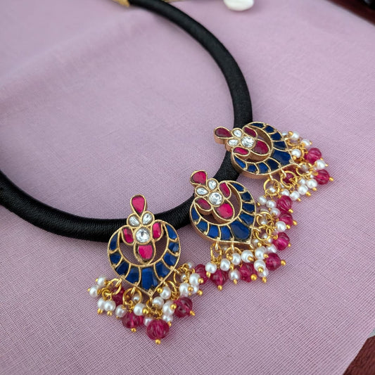 Jadau kundan 3 blue with ruby stone Pendant back rope hasli