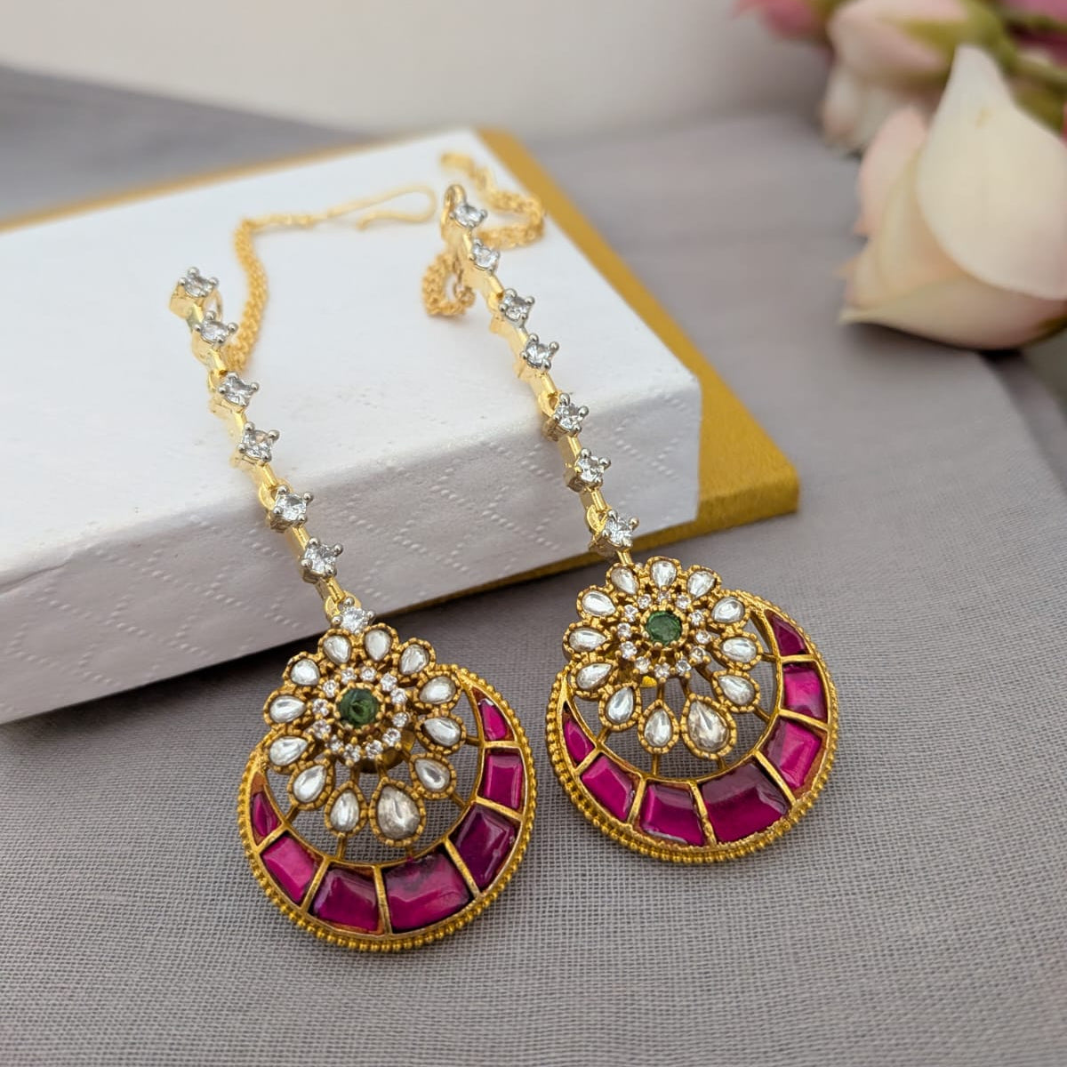 Judau Floral ruby stone with Diamond look alike Maatel/Earchain