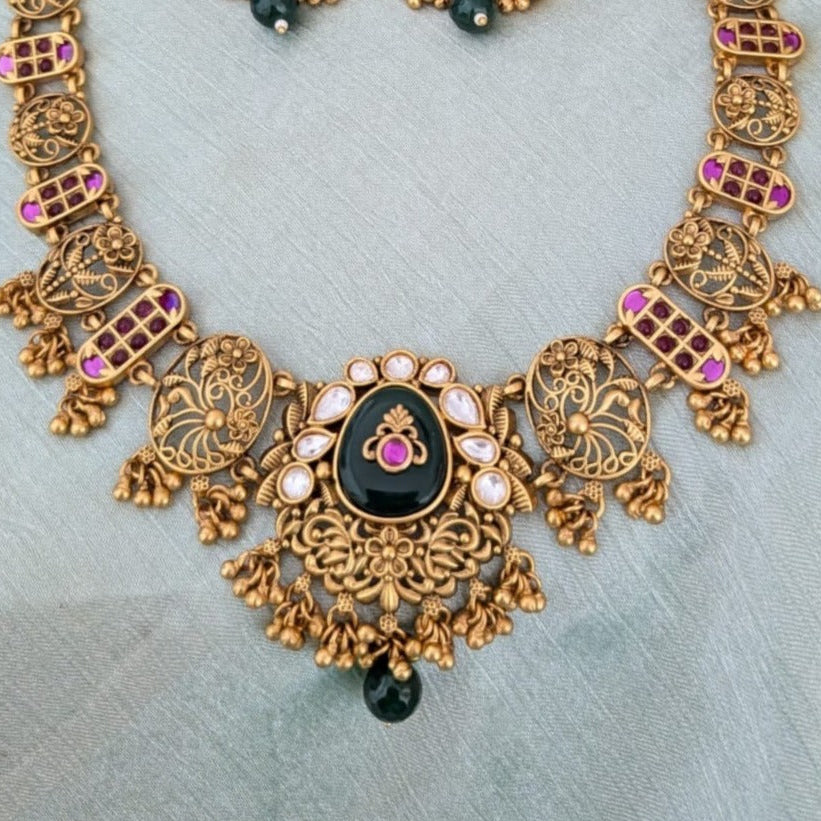 Jadau kundan ruby with green stone floral designn necklace