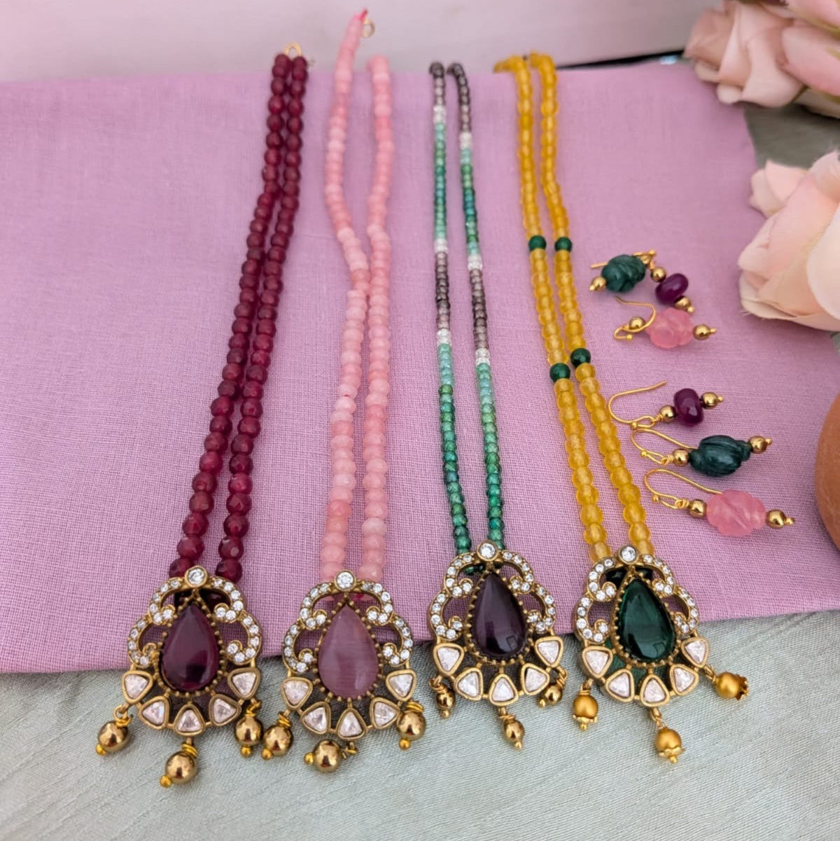 Kundan stone beaded necklace set