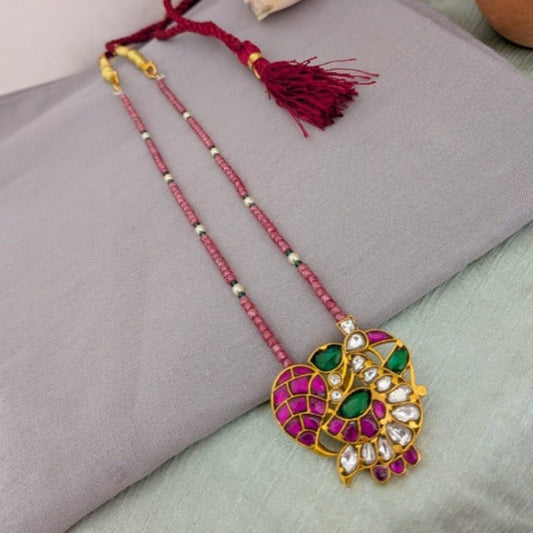 Jadau kundan ruby with green stone CZ beaded necklace