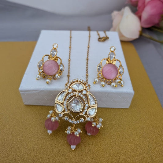 Kundan stone with pink beaded drop