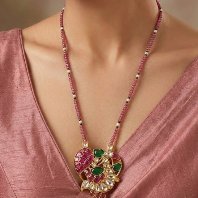 Jadau kundan ruby with green stone CZ beaded necklace