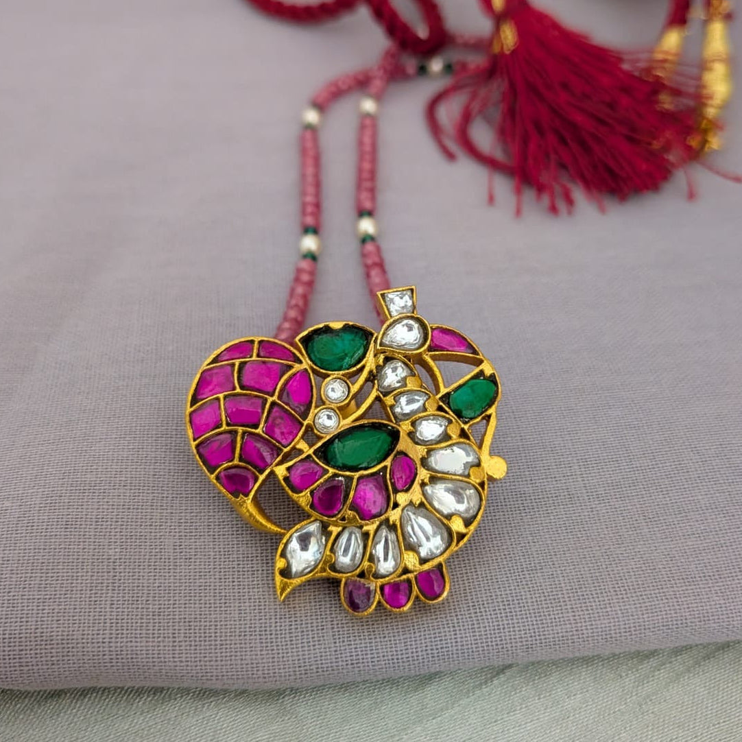 Jadau kundan ruby with green stone CZ beaded necklace