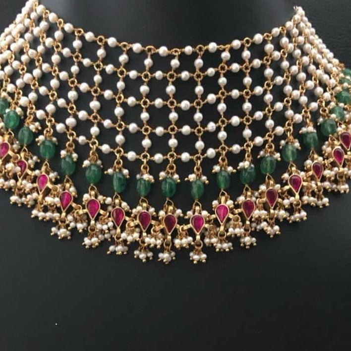 Jadau kundan stone bridal ruby drop pearl  necklac