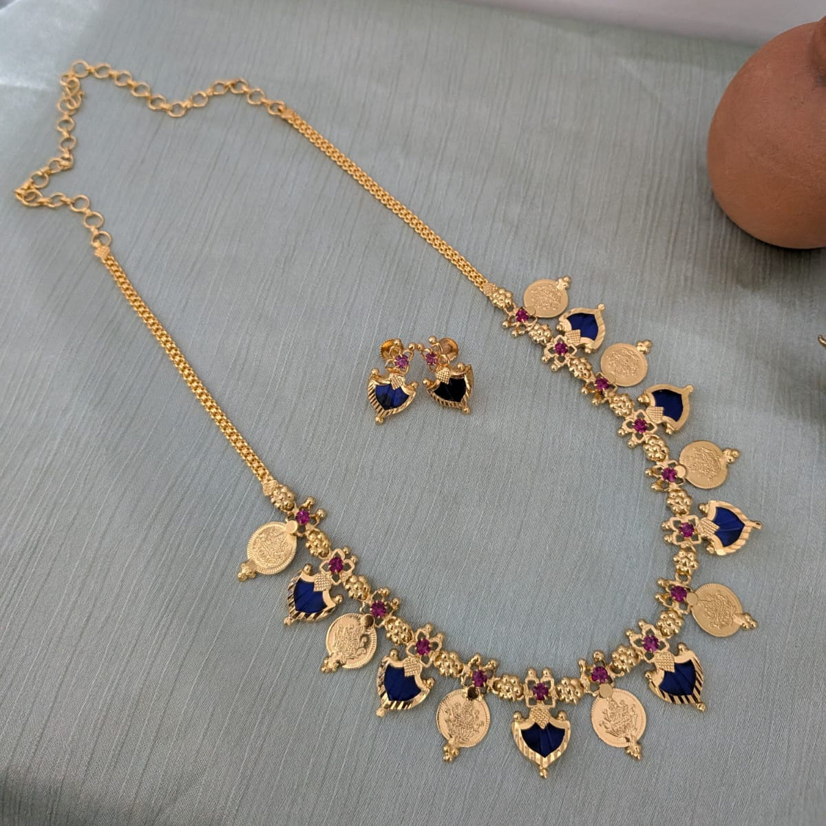 Microplated Palaka and Coin necklace - Kerala design blue