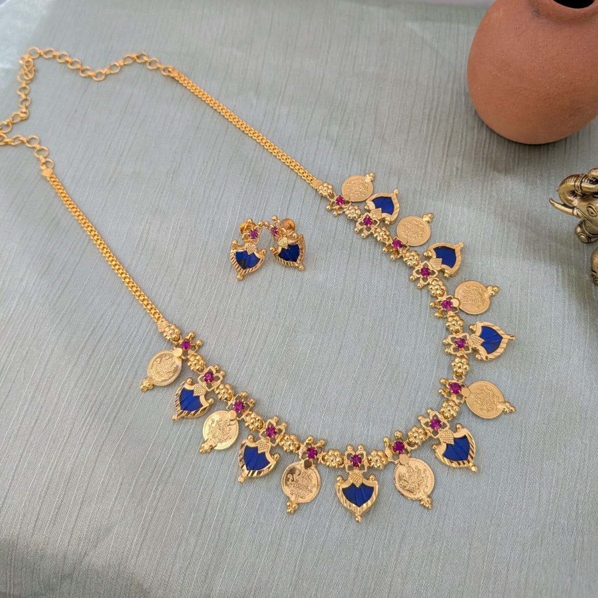 Microplated Palaka and Coin necklace - Kerala design blue