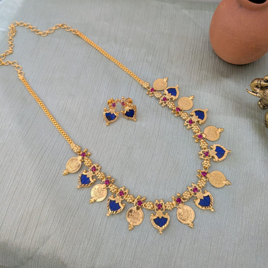 Microplated Palaka and Coin necklace - Kerala design blue