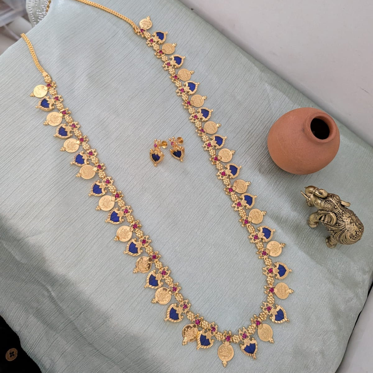 Long Microplated Palaka and Coin necklace - Kerala design blue