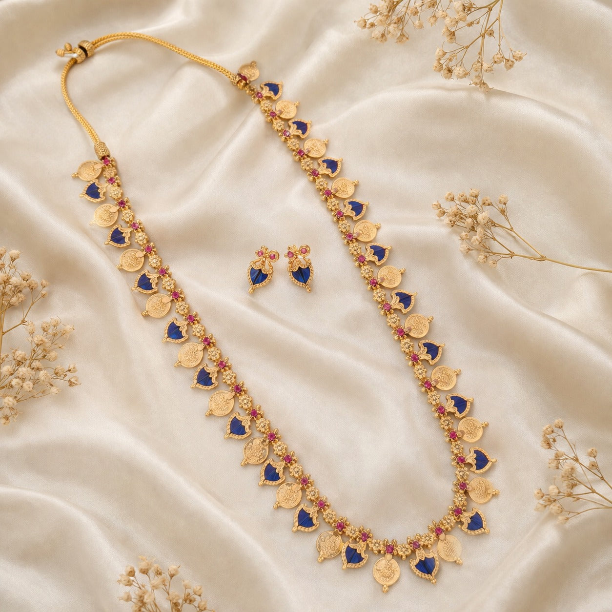Long Microplated Palaka and Coin necklace - Kerala design blue