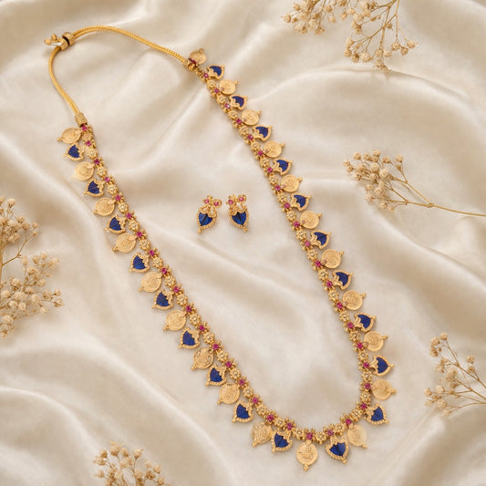 Long Microplated Palaka and Coin necklace - Kerala design blue