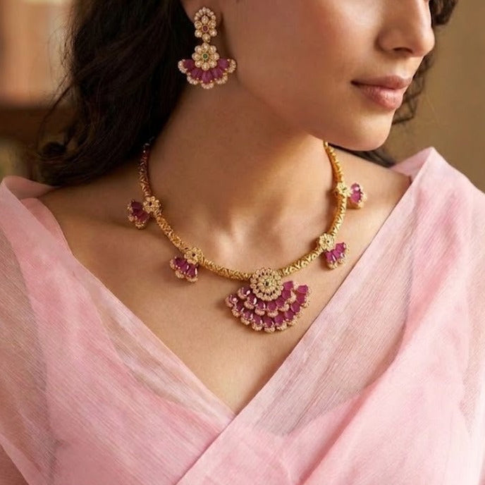 Floral ruby CZ stone Hasuli necklace set