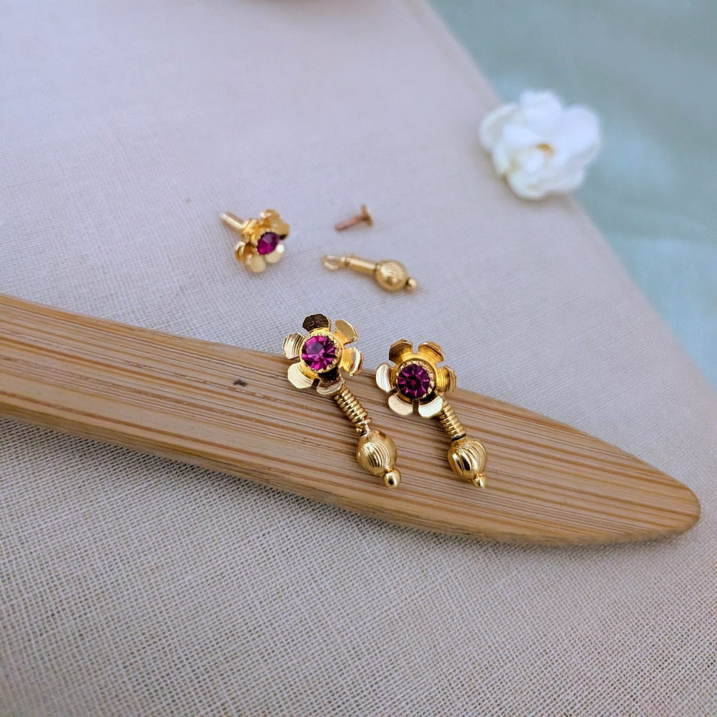 Microplated flower ruby stone stud