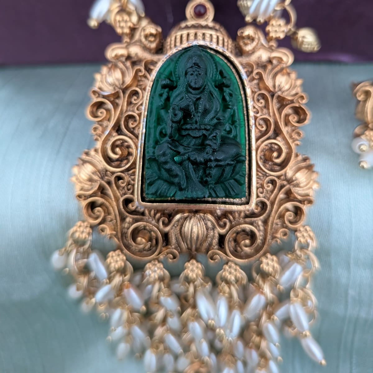 Long Rice Pearl green lakshmi Pendant necklace