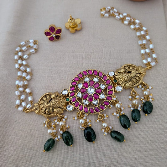 Jadau kundan ruby stone with green drop choker