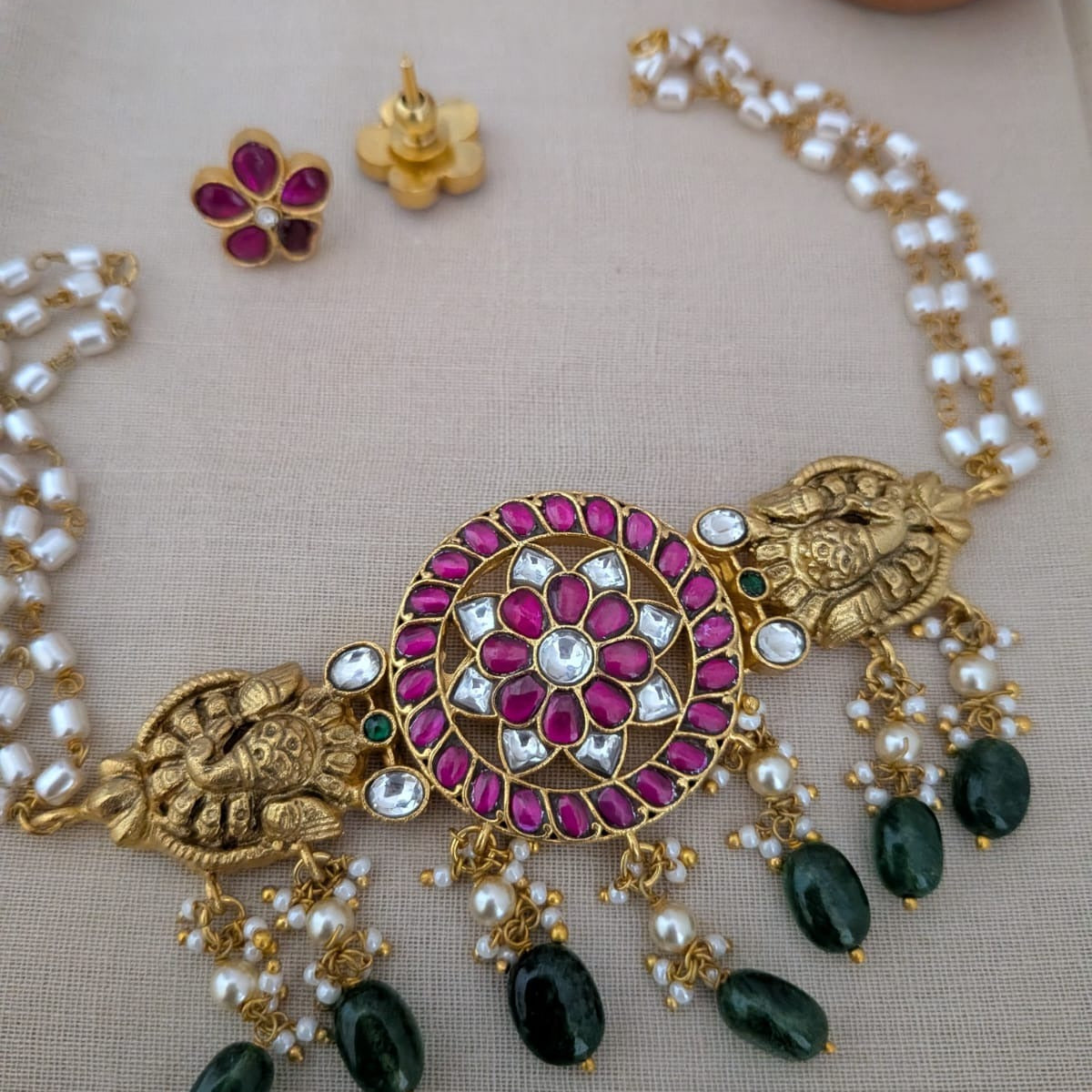 Jadau kundan ruby stone with green drop choker