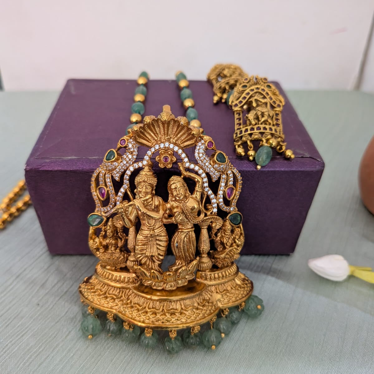 Long Radha krishna pendant with pearl with green beaded bridal Necklace