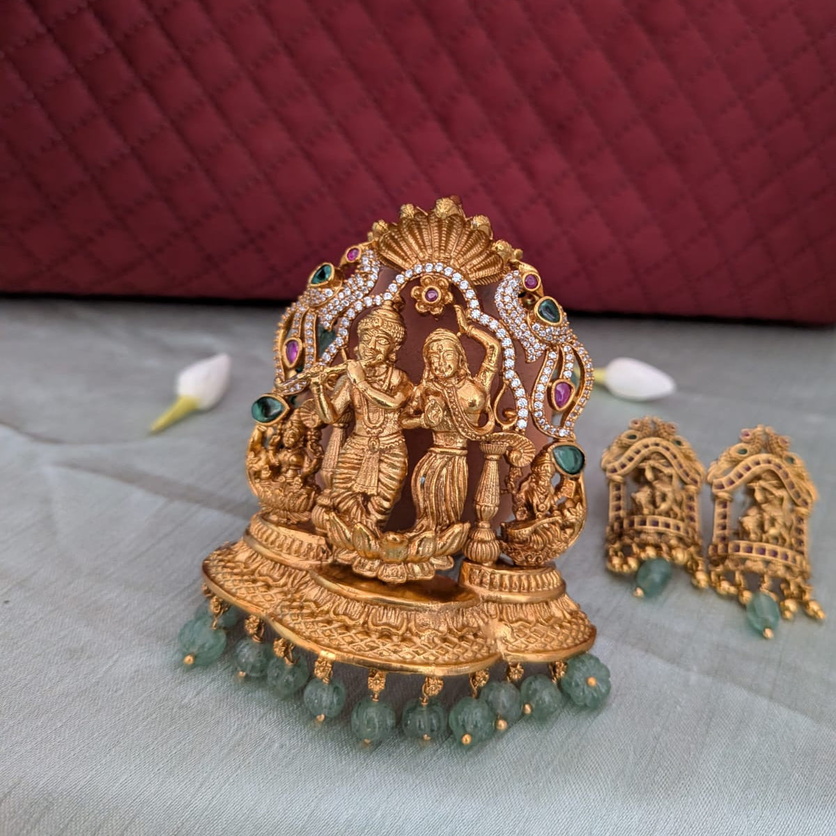 Long Radha krishna pendant with pearl with green beaded bridal Necklace