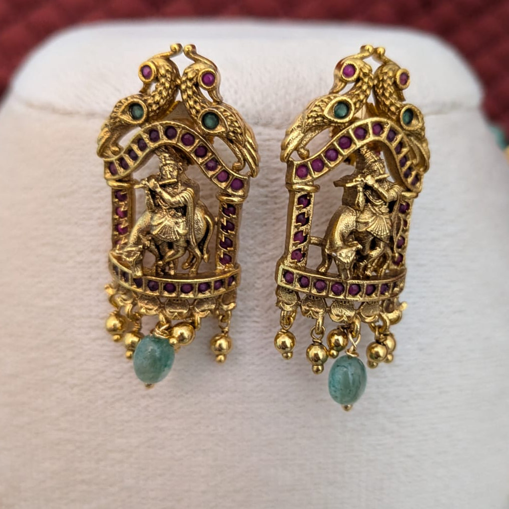 Long Radha krishna pendant with pearl with green beaded bridal Necklace
