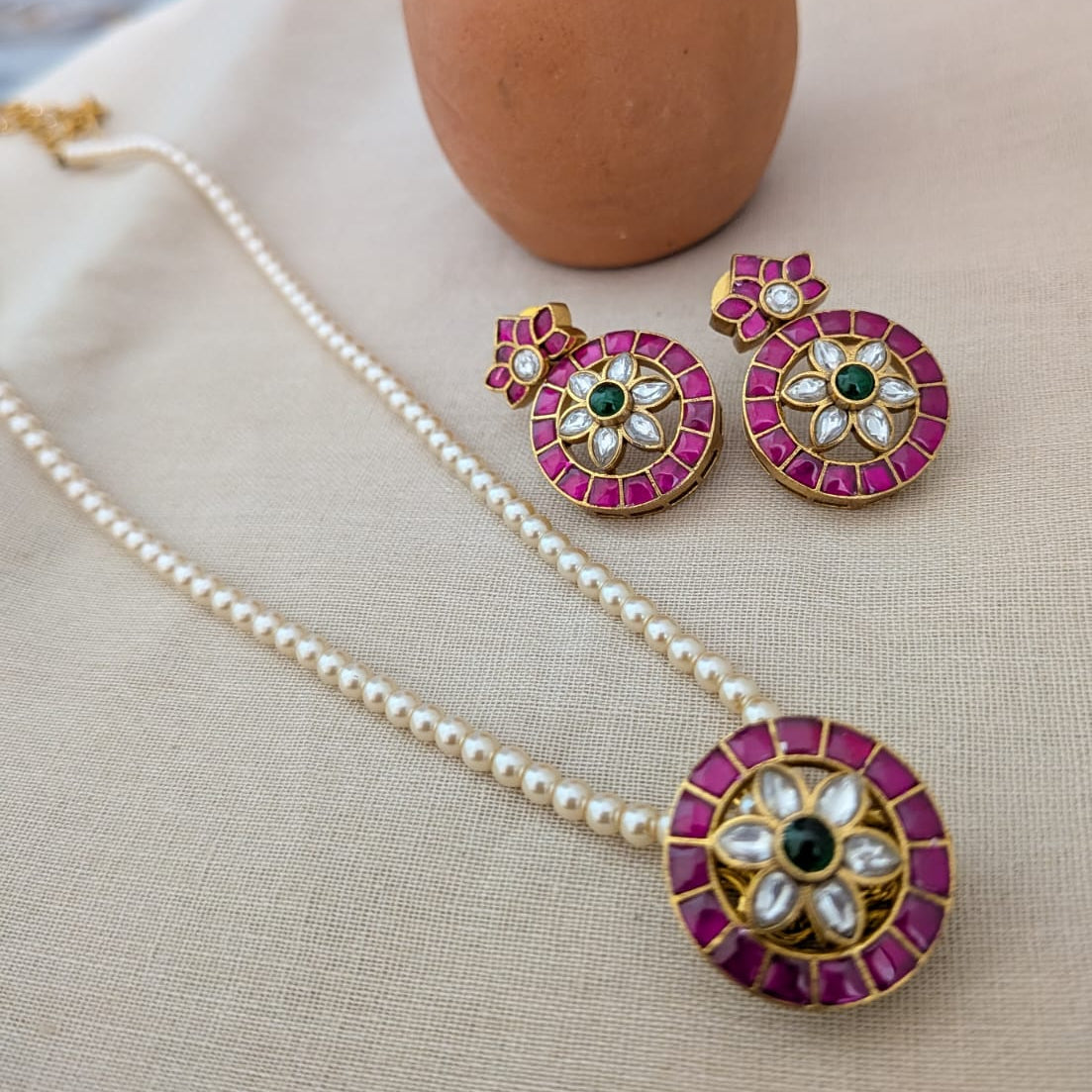 Jadau kundan ruby stone round Pendant pearl  long necklac