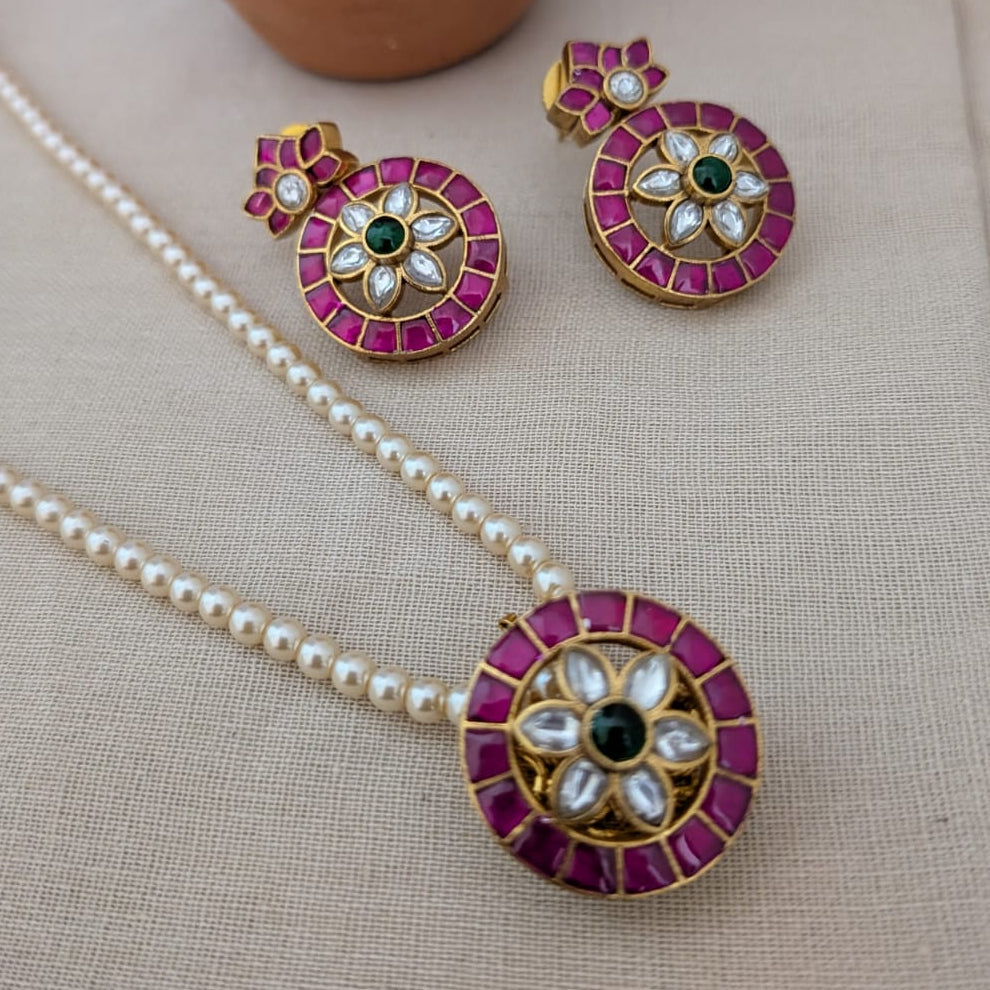 Jadau kundan ruby stone round Pendant pearl  long necklac
