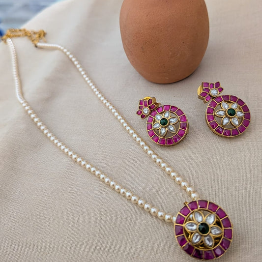 Jadau kundan ruby stone round Pendant pearl  long necklac