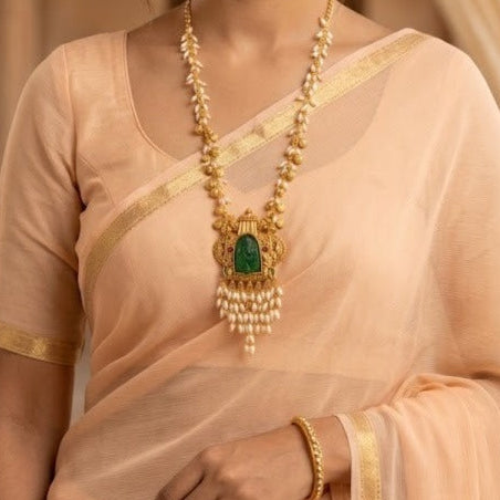 Long Rice Pearl green lakshmi Pendant necklace