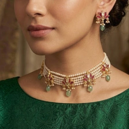 Jadau kundan 5 Layered ruby lotus pearl choker set