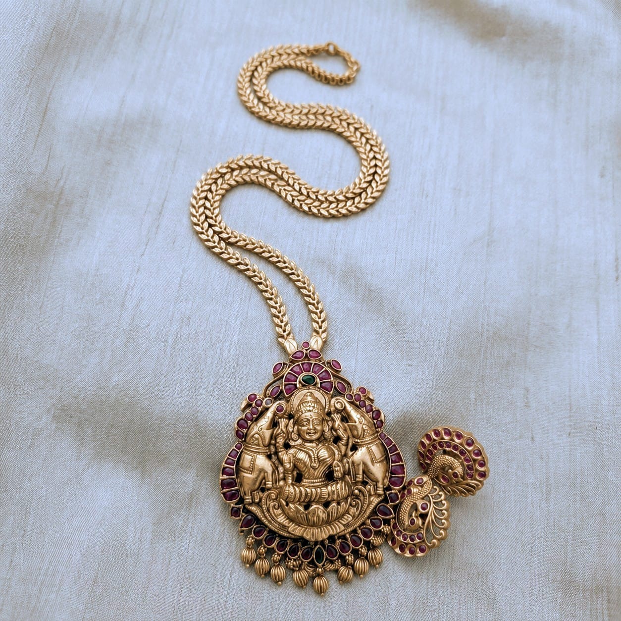 Long gold polished chain with ruby stone lakshmi Pendant necklace