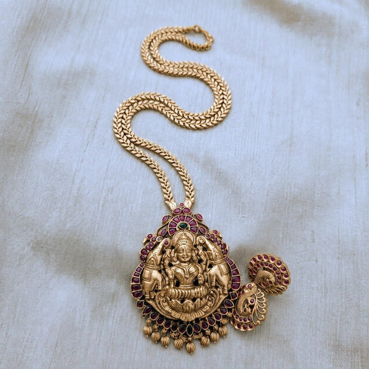 Long gold polished chain with ruby stone lakshmi Pendant necklace