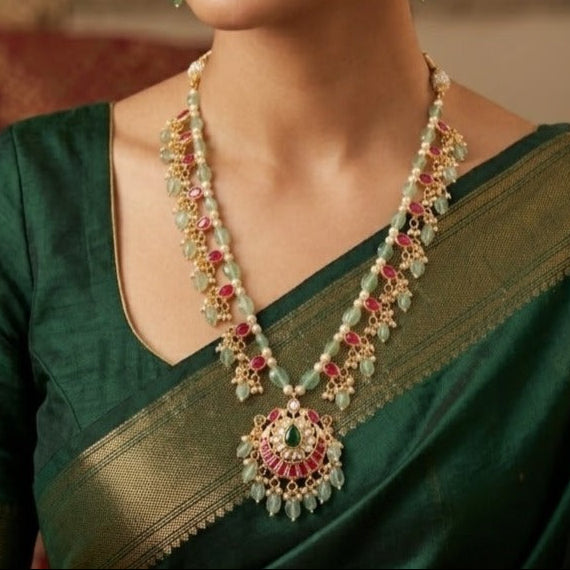 Jadau kundan ruby drop pearl with green beaded  long necklace