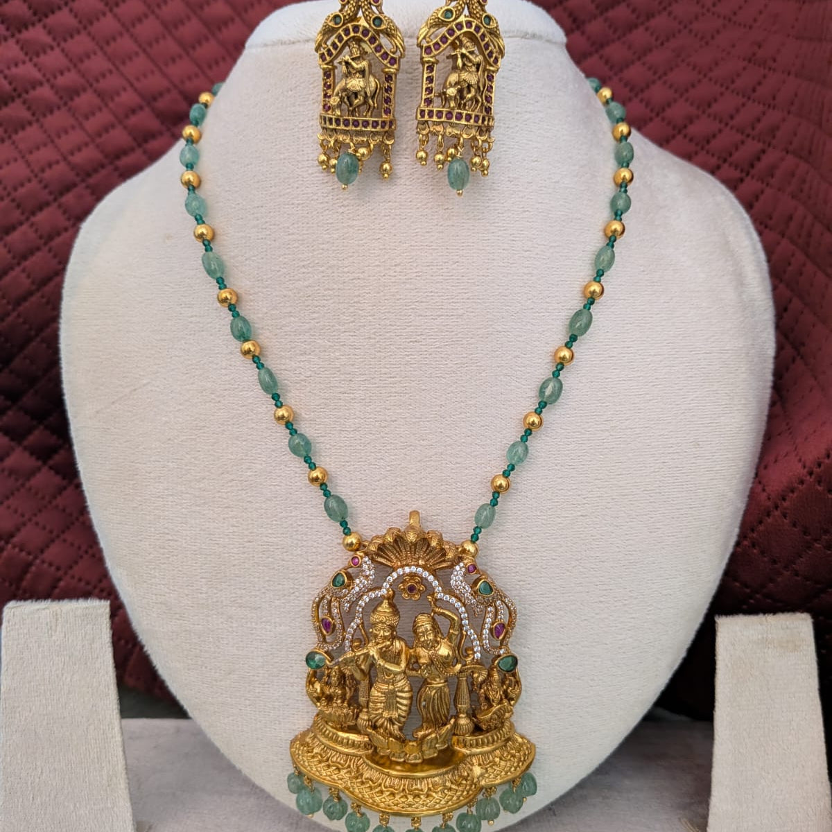 Long Radha krishna pendant with pearl with green beaded bridal Necklace