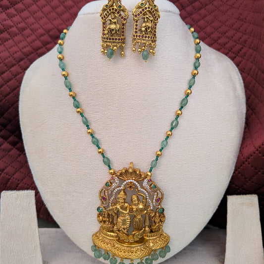 Long Radha krishna pendant with pearl with green beaded bridal Necklace
