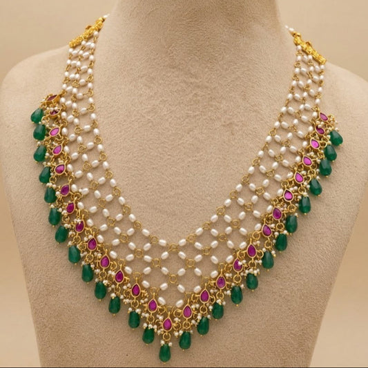 Jadau kundan stone bridal ruby drop pearl  necklac
