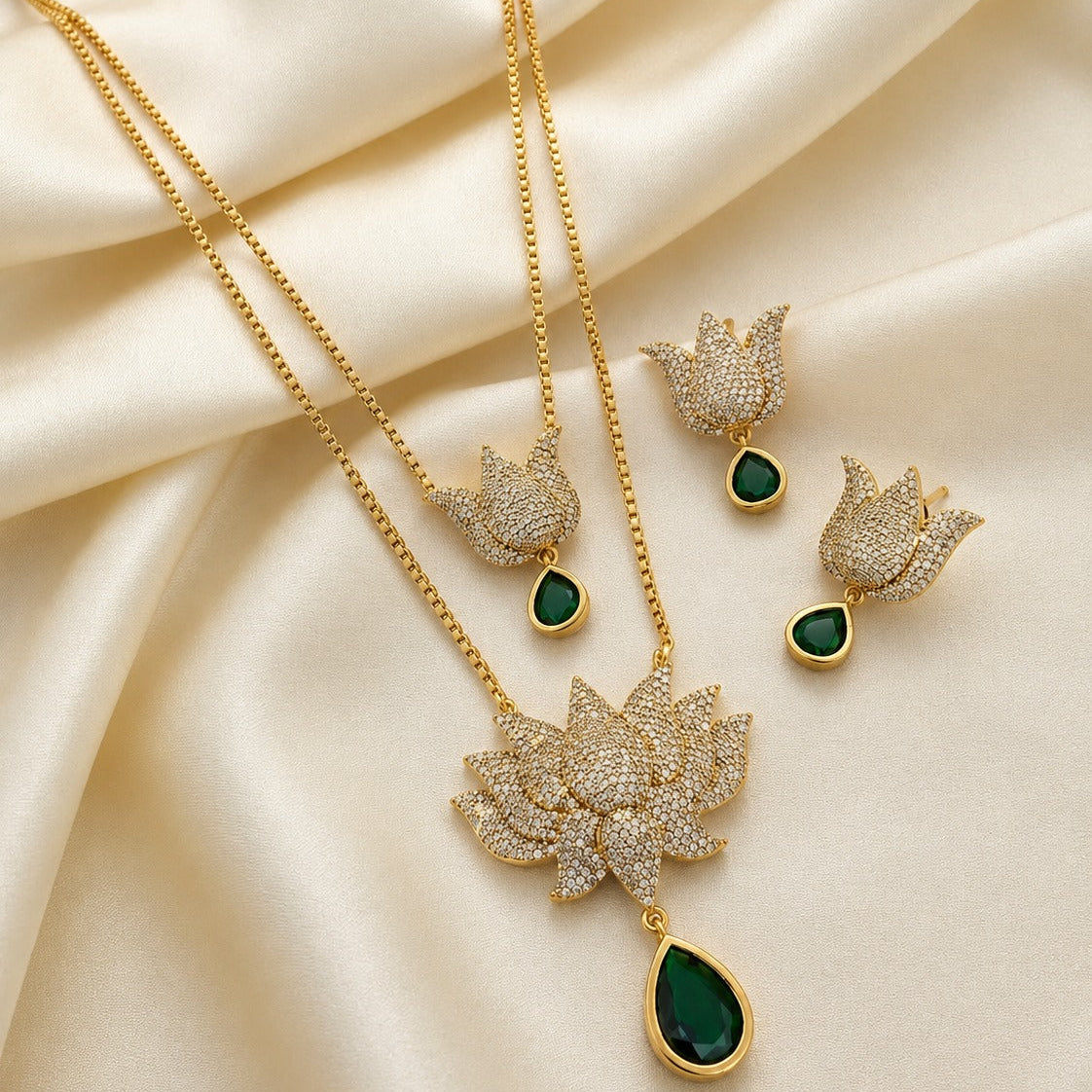 2 Layered lotus design CZ stone necklace