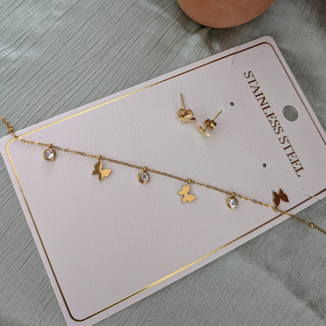 Butterfly design slim CZ stone chain set