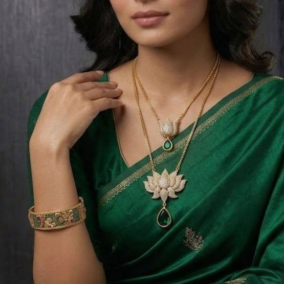 2 Layered lotus design CZ stone necklace