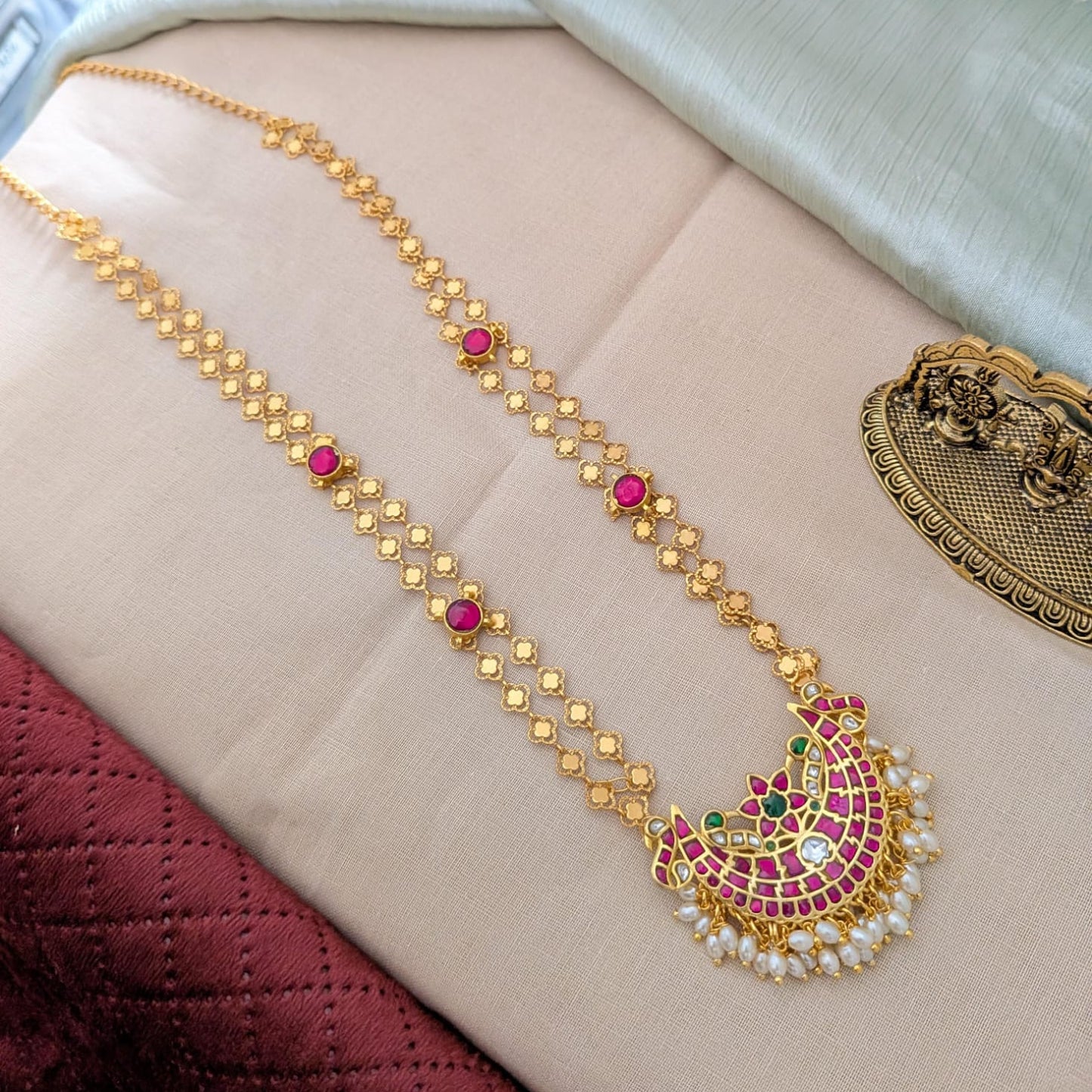 2Layered long jadau kundan ruby stone necklace