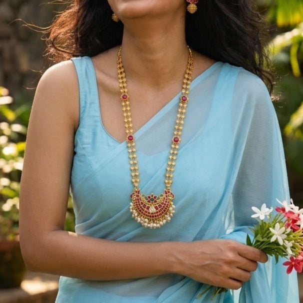 2Layered long jadau kundan ruby stone necklace