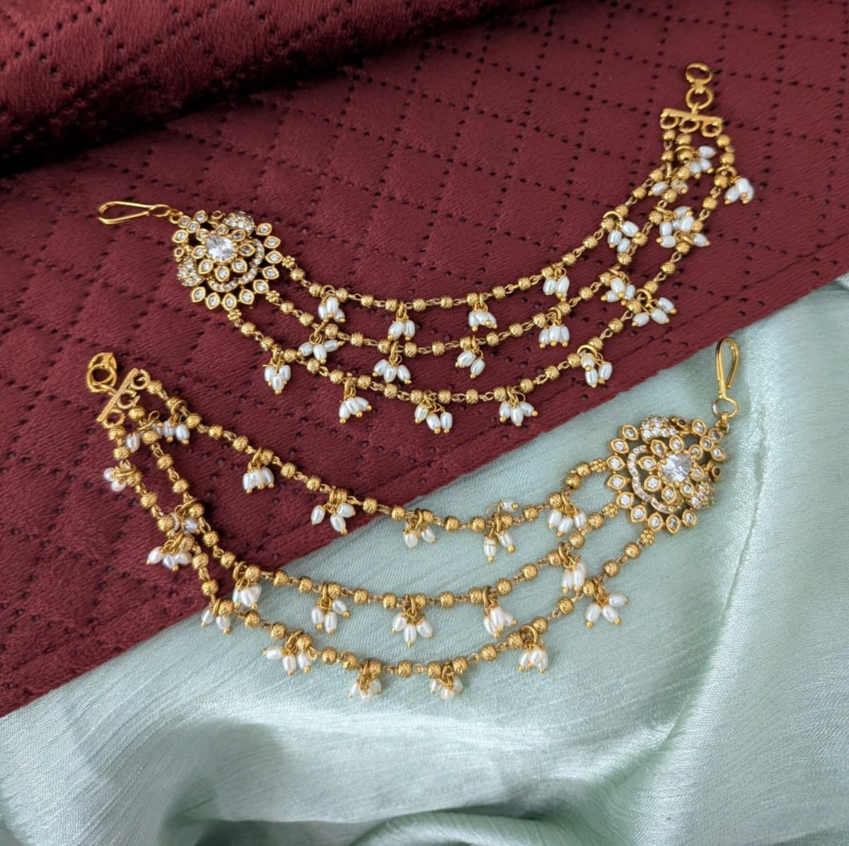 3 LayeredAntique White AD Stone  With Pearl Drops   Ear chain