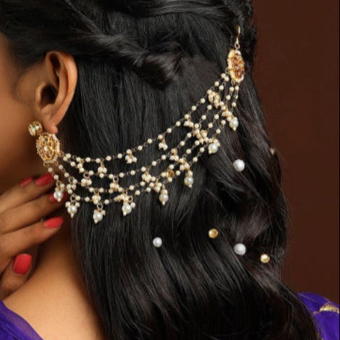 3 LayeredAntique White AD Stone  With Pearl Drops   Ear chain